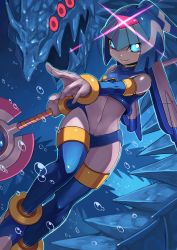 1girl android blue_eyes bodysuit boots breasts bubble commentary_request covered_navel fairy_leviathan_(mega_man) female_focus glowing glowing_eyes helmet highres holding holding_weapon ice ice_dragon mega_man_(series) mega_man_zero_(series) polearm red_eyes revision small_breasts smile solo tesshii_(riza4828) thigh_boots thighhighs underwater weapon