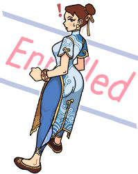 ! 1girl ass bracelet brown_eyes brown_hair capcom chinese_clothes chun-li closed_mouth drawbuster full_body hair_bun hair_ribbon jewelry looking_at_viewer profile ribbon simple_background solo street_fighter street_fighter_6 sweatdrop white_background