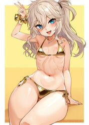 1girl arm_support bare_arms bikini blonde_hair blue_eyes blue_nails blush breasts brown_hair collarbone commentary_request fang gold_bikini hair_between_eyes highres jewelry kasukabe_tsumugi long_hair looking_at_viewer navel necklace sitting small_breasts solo swimsuit tenneko_yuuri thighs v voicevox wide_hips