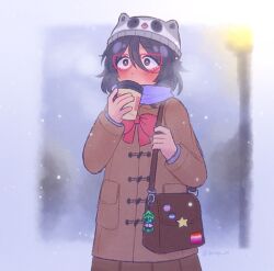 Rule 34 | 1girl, alternate costume, animal hat, asexual flag, bag, beanie, black hair, blush, border, bow, bowtie, bright pupils, brown bag, brown eyes, brown jacket, brown skirt, captain spaceboy, character charm, charm (object), commentary, cowboy shot, cup, disposable coffee cup, disposable cup, donuqx, double-parted bangs, drinking, duffel jacket, english commentary, glasses, grey border, grey hat, hair between eyes, hands up, hat, holding, holding bag, holding cup, jacket, lamppost, layered sleeves, lesbian flag, long sleeves, mincy (omori), omori, outdoors, outside border, pocket, purple scarf, raccoon hat, red-framed eyewear, red bow, red bowtie, scarf, short hair, shoulder bag, simple background, skirt, snowing, solo, standing, star (symbol), transgender flag, white pupils, wide-eyed
