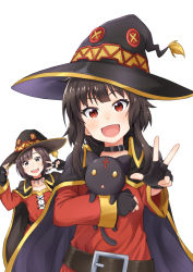 Rule 34 | 1other, 2girls, asymmetrical bangs, belt, black gloves, brown hair, cape, cat, choker, chomusuke, collarbone, cosplay, demon wings, dress, fingerless gloves, gloves, hand on headwear, hat, kono subarashii sekai ni shukufuku wo!, long sleeves, looking at viewer, megumin, megumin (cosplay), multiple girls, naginoya, open mouth, red eyes, short dress, short hair, simple background, smile, takahashi rie, v, white background, wings, witch hat, yellow eyes