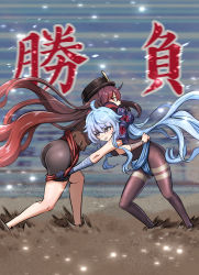 2girls ass black_hair black_legwear black_shorts bow brown_hair catfight fighting ganyu_(genshin_impact) genshin_impact hair_bow hat hay highres hu_tao_(genshin_impact) leotard long_hair long_sleeves mud multicolored_hair multiple_girls pantyhose pulling red_eyes red_hair shorts smile thighs twintails two-tone_hair very_long_hair yavaru