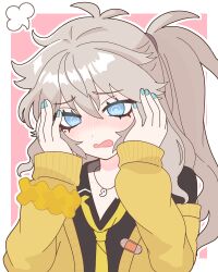 1girl @_@ bandaid black_shirt blue_eyes blush brown_hair cardigan commentary_request hair_between_eyes hands_on_own_cheeks hands_on_own_face highres jewelry kasukabe_tsumugi kasyo_2501 long_hair long_sleeves magatama magatama_necklace mole mole_under_eye necklace necktie open_cardigan open_clothes open_mouth pink_background shirt solo two-tone_background upper_body voicevox yellow_cardigan yellow_necktie