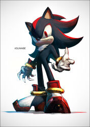 1boy black_fur full_body gloves grey_background k-suwabe male_focus multicolored_fur red_eyes red_fur shadow_the_hedgehog shadow_the_hedgehog_(game) simple_background solo sonic_(series) white_fur white_gloves