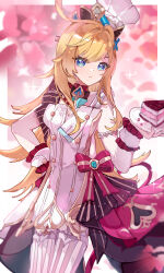 1girl absurdres ahoge apron blonde_hair blue_eyes bow cake chef_hat escoffier_(genshin_impact) food genshin_impact hat highres holding holding_plate knife_hair_ornament long_hair plate red_bow solo thighhighs white_hat white_thighhighs zhui_ming_jin_ge