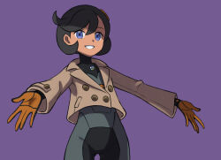 1girl asatsuki_(fgfff) black_hair blue_eyes bodysuit brown_gloves brown_jacket buttons commentary_request cowboy_shot cowlick emma_(pokemon) eyelashes gloves grin hair_between_eyes hair_ornament jacket long_sleeves nintendo pokemon pokemon_legends:_z-a purple_background short_hair simple_background smile solo teeth