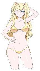 1girl arm_up bikini blonde_hair blush breasts commentary_request cropped_legs hair_ornament hand_on_own_hip kantai_collection long_hair medium_breasts minneapolis_(kancolle) one_eye_closed simple_background smile solo swimsuit tamu_(mad_works) two_side_up wavy_hair white_background yellow_bikini