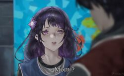 1boy 1girl alternate_costume blue_shirt blurry blurry_background casual contemporary cowlick english_text eyelashes eyeshadow flower genshin_impact grey_eyeshadow grey_shirt hair_flower hair_ornament highres kriniiq layered_shirt long_hair looking_at_another makeup mole mole_under_eye mother_and_son open_mouth parody purple_eyes purple_flower purple_hair raiden_shogun red_lips scaramouche_(genshin_impact) scene_reference shirt sidelocks squid_game subtitled swept_bangs tearing_up tsurime twitter_username white_mouth