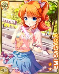 1girl :o blouse blue_eyes blue_skirt bow breasts character_name day girlfriend_(kari) glowstick hair_bow jewelry looking_at_viewer medium_hair multicolored_bow necklace official_art open_mouth orange_hair orange_shirt outdoors park pink_bow pink_shirt plaid_bow qp:flapper sagara_emi shirt skirt solo tagme tied_shirt tree two_side_up white_legwear
