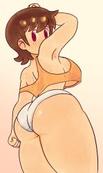 Rule 34 | 1girl, aioi yuuko, armpits, ass, ass focus, back, breasts, brown hair, crop top, dozo gon, from behind, hand up, highres, huge breasts, nichijou, orange shirt, panties, purple eyes, shirt, short hair, solo, thick thighs, thighs, underwear, white panties