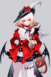 1girl bare_shoulders black_hat blonde_hair flower grey_background hat hat_feather hat_flower highres juliet_sleeves long_hair long_sleeves looking_at_viewer low_wings off_shoulder original pointy_ears puffy_sleeves red_eyes red_flower red_rose red_shirt rose sheya shirt simple_background solo tricorne very_long_hair wings