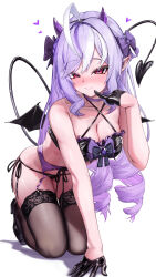 1girl absurdres ahoge black_panties black_shoes black_thighhighs blush bow breasts cleavage closed_mouth commentary_request criss-cross_halter demon_horns demon_tail demon_wings drill_hair eason870408 finger_to_mouth full_body garter_belt garter_straps gloves greyscale hair_bow half_gloves halterneck high_heels highres horns kneeling lace lace-trimmed_legwear lace_trim leaning_forward long_hair looking_at_viewer medium_breasts mini_wings mole mole_under_eye monochrome multicolored_hair panties pointy_ears purple_bow purple_garter_straps purple_hair red_eyes shoes side-tie_panties sidelocks simple_background smile solo strapless streaked_hair tail thighhighs tube_top twin_drills underwear very_long_hair vivian_banshee white_background white_hair wings zenless_zone_zero