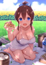 1girl :o arm_support steamed_bun bare_legs blue_eyes blue_sky blush bottle bow breasts brown_hair cai_geng cleavage cloud collarbone covered_erect_nipples dress field flower flower_field food grass hair_between_eyes hair_bow highres idolmaster idolmaster_million_live! incoming_food large_breasts leaf looking_at_viewer mat no_bra picnic_basket ponytail pov sandwich satake_minako shoes unworn_shoes sitting sky sleeveless sleeveless_dress solo strap_slip water_bottle white_dress yokozuwari