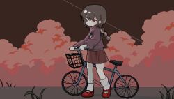 Rule 34 | 1girl, bicycle, braid, braided ponytail, brown hair, brown skirt, cloud, cumulonimbus cloud, full body, hashtag-only commentary, long hair, long sleeves, looking ahead, madotsuki, mary janes, outdoors, pink sweater, pixel art, red eyes, red shoes, reihoshii, shoes, skirt, socks, solo, sweater, walking, white socks, yume nikki