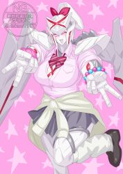 1girl absurdres blush breasts commentary gyaru highres looking_at_viewer mechanical_wings no.1_sentai_gozyuger otokamu pink_background purple_eyes queen_tegajune robot school_uniform super_sentai tegajune tokusatsu wings