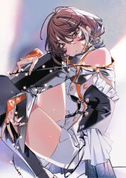 1girl asu_(sinsekai) black_boots bodice boots brown_hair closed_mouth clothing_cutout dress fingernails frilled_dress frills green_eyes highres kamitsubaki_studio light_blush long_fingernails looking_at_viewer multicolored_hair neguko orange_bridal_gauntlets orange_nails shorts shoulder_cutout single_sleeve_past_fingers sinsekai_studio solo streaked_hair swept_bangs thigh_boots virtual_youtuber white_dress white_overskirt white_shorts white_streaks