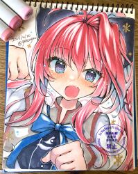Rule 34 | 1girl, 2025, :d, adversarial noise, ahoge, art tools in frame, black bow, blue bow, blue bowtie, blue eyes, blush, bow, bowtie, braid, clenched hands, commentary, dated, dutch angle, eyelashes, eyes visible through hair, fang, gattengou, hair between eyes, hair bow, happy, highres, huge bow, inui sana, juliet sleeves, long hair, long sleeves, looking at viewer, mashiroiro symphony, open mouth, photo (medium), ponytail, puffy sleeves, red hair, school uniform, shirt, simple background, single braid, single hair intake, smile, snowflakes, solo, traditional media, twitter username, upper body, watermark, white background, white shirt