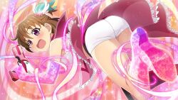 1girl akasaka_miyuki boots brown_hair dress dutch_angle elbow_gloves embarrassed foot_out_of_frame frilled_dress frills from_behind game_cg gloves gun hair_ornament heart heart_hair_ornament henshin highres higurashi_no_naku_koro_ni higurashi_no_naku_koro_ni_mei holding holding_gun holding_weapon lens_flare looking_at_object magical_girl non-web_source official_art one_side_up open_mouth pink_background purple_eyes short_hair shorts shorts_under_dress solo sparkle transforming_clothes weapon white_shorts