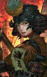 1girl antique_firearm armor black_hair brown_eyes fire firearm firelock gloves gun helmet holding holding_weapon japanese_armor japanese_clothes kabuto_(helmet) kusazuri looking_at_viewer matchlock original solo takahito tanegashima_(gun) weapon