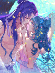Rule 34 | 1boy, blue eyes, blue flower, blue hair, dress, eye contact, fingernails, flower, hair flower, hair ornament, hair ribbon, hetero, highres, jinshi (kusuriya no hitorigoto), kusuriya no hitorigoto, long hair, looking at another, maomao (kusuriya no hitorigoto), orange sekaii, purple eyes, purple hair, ribbon, topless male, white dress, white ribbon