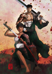 1boy 1girl absurdres bare_pectorals barefoot berserk black_hair casca_(berserk) chest_sarashi closed_mouth collarbone dark-skinned_female dark_skin drawing_sword fingernails greatsword guts_(berserk) highres holding holding_sword holding_weapon katana maya_panda muscular muscular_male nipples on_one_knee pectorals sarashi scar scar_on_face scar_on_nose short_hair sword toned toned_female twitter_username v-shaped_eyebrows weapon
