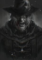 1boy beard black_hat bloodborne facial_hair father_gascoigne gradient_background graffitigw grey_hair hat highres jacket jewelry long_sleeves looking_at_viewer male_focus messy_hair necklace short_hair solo