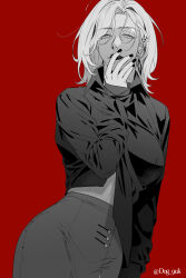 1girl breasts collared_shirt commentary_request cow dog_9uk earrings greyscale greyscale_with_colored_background hand_on_own_face hand_under_clothes hand_under_shirt highres jewelry korean_commentary langley_(path_to_nowhere) large_breasts lipstick looking_at_viewer makeup monochrome path_to_nowhere pencil_skirt red_background scar scar_on_face scar_on_forehead shirt simple_background skirt smile solo twitter_username
