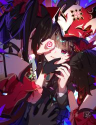 3girls bell black_choker black_gloves black_hair choker commentary_request dress fox_mask gloves highres holding_eyeball honkai:_star_rail honkai_(series) jingle_bell long_hair mask multiple_girls multiple_persona nara_nakiri neck_bell red_dress red_eyes short_sleeves sparkle_(honkai:_star_rail) upper_body