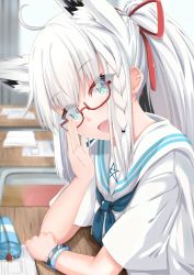 1girl absurdres ahoge animal_ear_fluff animal_ears blush borumete braid breasts commentary_request extra_ears female_focus fox_ears fox_girl glasses hair_between_eyes hair_ribbon highres hololive indoors long_hair looking_at_viewer open_mouth red_ribbon ribbon shirakami_fubuki shirt short_sleeves smile solo virtual_youtuber white_hair white_shirt