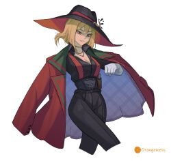 1girl black_hat black_pants black_shirt blonde_hair breasts cleavage coat coat_on_shoulders cowboy_shot cropped_legs gloves grin hat highres pants red_coat red_eyes reverse:1999 shirt smile solo suspenders tennant_(reverse:1999) vispersss walking white_background white_gloves