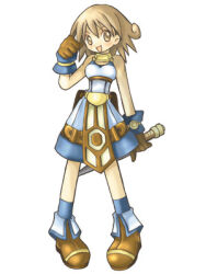 1girl 2000s_(style) artist_request bad_id blonde_hair blue_socks boots breasts brown_boots brown_gloves dagger full_body gloves holding holding_dagger holding_knife holding_weapon knife looking_at_viewer lowres medium_breasts official_art open_mouth ragnarok_online shirt shorts simple_background sleeveless sleeveless_shirt smile socks solo standing super_novice_(ragnarok_online) weapon white_background white_shirt white_shorts yellow_eyes