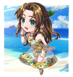 1782seta 1girl aerith_gainsborough aerith_gainsborough_(citric_dress) armlet artist_name bare_shoulders beach border bracelet breasts brown_hair checkered_choker chibi collarbone dress earrings final_fantasy final_fantasy_vii final_fantasy_vii_ever_crisis food-themed_earrings food_print food_themed_earrings fruit_print full_body green_eyes green_ribbon hair_ribbon half_updo hand_on_own_cheek hand_on_own_face highres jewelry light_blush long_dress long_hair looking_at_viewer medium_breasts multicolored_nails multiple_bracelets nail_polish ocean official_alternate_costume open_mouth orange-shaped_earrings orange-shaped_ornament orange_print parted_bangs print_dress ribbon sandals see-through_clothes see-through_skirt side_slit sidelocks skirt smile solo strapless strapless_dress wavy_hair white_border