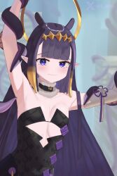 1girl absurdres armpits black_dress blonde_hair blunt_bangs breasts closed_mouth detached_sleeves diamond_hairband dress fang fur-trimmed_collar fur_trim gradient_hair hairband highres hololive hololive_english long_hair looking_at_viewer mole mole_under_eye multicolored_hair ninomae_ina&#039;nis ninomae_ina&#039;nis_(1st_costume) pointy_ears purple_eyes purple_hair s_aeho single_detached_sleeve small_breasts solo strapless strapless_dress tentacle_hair tentacles tube_dress very_long_hair virtual_youtuber yellow_hairband