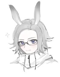 1boy aotsuki_eito blue_eyes blush eyelashes glasses highres looking_at_viewer male_focus parted_hair rabbit_ears simple_background smile solo solo_focus the_hundred_line_-last_defense_academy- white_background white_hair zipper zipper_pull_tab