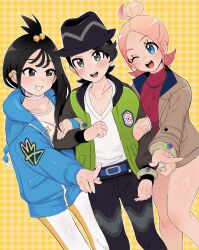 1boy 2girls :d belt black_hair black_hat black_pants blonde_hair blue_belt blue_eyes blue_hoodie bracelet brown_jacket commentary_request cube_hair_ornament eyelashes green_jacket grin hair_bun hair_ornament hand_on_another&#039;s_arm hat highres hood hood_down hoodie jacket jewelry leggings lida_(pokemon) multiple_girls nintendo open_clothes open_jacket open_mouth pants paxton_(pokemon) pokemon pokemon_legends:_z-a red_shirt sana_(37pisana) shirt short_hair smile taunie_(pokemon) teeth tongue upper_teeth_only white_leggings white_shirt