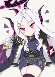 1girl absurdres ahoge armband black_coat black_gloves black_halo black_skirt black_thighhighs blue_archive blush breasts coat coat_on_shoulders demon_girl demon_horns demon_wings gloves halo highres hina_(blue_archive) horns loli long_hair looking_at_viewer purple_eyes red_armband sitting skirt small_breasts solo thighhighs tylerdurdenen white_hair wings