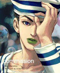 Rule 34 | 1boy, adjusting clothes, adjusting headwear, black hair, blue eyes, bubble, collarbone, commentary request, commission, dixie cup hat, green lips, hat, higashikata josuke (jojolion), highres, jojo no kimyou na bouken, jojolion, korean commentary, long sleeves, looking at viewer, makeup, male focus, military hat, multicolored eyes, purple eyes, sailor, sailor collar, sailor hat, santamanymany, shirt, short hair, solo, star (symbol), star print, twitter username, two-tone eyes, white hat, white sailor collar, white shirt