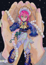 Rule 34 | 1boy, 1other, :3, androgynous, bishounen, black background, blue footwear, blue jacket, blush stickers, bonnet, closed mouth, cropped jacket, cross-laced footwear, cupping hands, dot nose, ensemble stars!, film grain, frilled sleeves, frills, gloves, green eyes, hand up, hat, himemiya tori, holding, holding jewelry, holding necklace, in palm, jacket, jewelry, looking at viewer, male focus, mini person, miniboy, necklace, osugaki, own hands together, pants, pearl necklace, pink hair, pov, short eyebrows, short hair with long locks, simple background, sitting, size difference, solo focus, taiheiyo, tsurime, white gloves, white hat, white pants, yellow trim