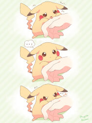 ... 1other artist_name biting biting_finger brown_eyes closed_mouth commentary_request disembodied_hand fang fang_out gen_1_pokemon green_background highres licking licking_finger mugita_konomi nintendo pikachu pokemon pokemon_(creature) speech_bubble spoken_ellipsis striped_background thought_bubble tongue tongue_out v-shaped_eyes