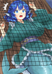 1girl ^^^ absurdres aqua_kimono blue_eyes blue_hair blush breasts fins fishing_net head_fins highres hinben huge_breasts japanese_clothes kimono mermaid monster_girl open_mouth restrained short_hair solo touhou wakasagihime wavy_hair