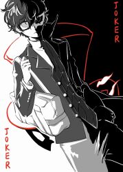 Rule 34 | 1boy, amamiya ren, bag, black background, blazer, buttons, character name, closed mouth, collared coat, cowboy shot, dot nose, expressionless, eye mask, faceless, faceless male, glasses, greyscale, hair between eyes, hand in pocket, hat, high collar, highres, holding, holding bag, jacket, joker (persona 5), lapels, layered sleeves, light frown, long sleeves, male focus, messy hair, monochrome, notched lapels, persona, persona 5, qianyimuthyimu, school bag, school uniform, shirt, short hair, sleeve cuffs, solo, split theme, spot color, top hat, turtleneck, turtleneck shirt, two-tone background, unworn hat, unworn headwear, white background