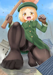 1girl absurdres ahoterasoryo axe black_pantyhose blonde_hair brown_gloves building buttons coat commentary_request destruction fate/grand_order fate_(series) flat_chest giant giantess gloves green_coat green_hat hat highres holding holding_axe holding_weapon motion_lines open_mouth outdoors panties pantyhose paul_bunyan_(fate) pocket short_hair solo underwear weapon yellow_eyes