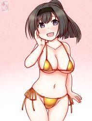 1girl ahoge akizuki_(kancolle) alternate_costume artist_logo bikini black_hair blue_eyes blush breasts cowboy_shot dated gold_bikini gradient_background hachimaki hair_ornament hairband headband kanon_(kurogane_knights) kantai_collection large_breasts logo long_hair looking_at_viewer one-hour_drawing_challenge open_mouth pink_background ponytail smile solo swimsuit