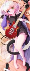 1girl absurdres bang_dream! bang_dream!_it&#039;s_mygo!!!!! barefoot blue_eyes cat cat_tail doodle_inset e_e_jiang electric_guitar esp_guitars guitar heterochromia highres instrument kaname_raana music mygo!!!!!_(bang_dream!) playing playing_instrument tail thighs torn_clothes white_hair yellow_eyes