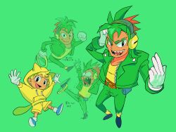 Rule 34 | 2boys, absurdres, animal hood, arms up, belt, black eyes, blonde hair, blue footwear, brown belt, commentary request, gloves, green background, green hair, green jacket, green pants, headphones, highres, holding, hood, hood up, hoodie, jacket, looking at viewer, male focus, multiple boys, multiple views, open clothes, open jacket, open mouth, pants, ray the flying squirrel, ring (sonic), sharp teeth, shirt, shoes, short hair, shorts, simple background, smile, sonic (series), sonic the hedgehog (classic), standing, tail, teeth, tokiwa757, translation request, vector the crocodile, white gloves, yellow hoodie, yellow shirt, yellow shorts