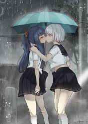 2girls absurdres black_sailor_collar black_skirt blue_hair blue_umbrella car closed_eyes commentary_request french_kiss highres holding_own_arm kiss kneehighs long_hair motor_vehicle multiple_girls original outdoors pleated_skirt ponytail rain sailor_collar school_uniform serafuku shirt short_hair short_sleeves skirt socks tongue twitter_username umbrella wanashi_tam white_hair white_shirt white_socks yuri