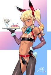 1boy absurdres androgynous animal_ears aqua_bow aqua_bowtie bikini_tan black_gloves blonde_hair bow bowtie bulge crotch_zipper dated detached_collar detached_sleeves food food_in_mouth gloves highres holding holding_tray male_focus male_playboy_bunny marshmallow navel nipples original pocky pocky_in_mouth rabbit_ears rabbit_tail shiro_(tamago_no_kara) signature solo tail tan tanline testicle_peek testicles trap tray twintails yellow_eyes zipper