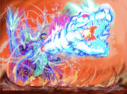 artist_request aura blue_electricity chest_beam claws crest dinosaur electricity energy energy_beam fangs giant giant_monster glowing glowing_eyes glowing_mouth godziban highres horns jaw kaiju monster muscular muscular_arms muscular_legs muscular_other no_humans open_mouth red_eyes sharp_teeth shoulder_spikes spiked_tail spikes spines stomach_beam super_godzilla super_godzilla_(character) tail teeth toho tokusatsu
