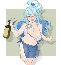 Rule 34 | 1girl, alcohol, alternate breast size, alternate costume, aqua (konosuba), aqua hair, armpit crease, barefoot, bikini, blush, border, bottle, bouncing breasts, breasts, closed eyes, collarbone, commentary, commission, english commentary, foot out of frame, grey background, hair between eyes, hair ornament, hair rings, highres, holding, holding bottle, kono subarashii sekai ni shukufuku wo!, large breasts, long hair, motion lines, navel, nipple slip, nipples, shadow, shell, shell bikini, sidelocks, sketch, skindentation, smile, solo, standing, standing on one leg, stomach, strap slip, swimsuit, very long hair, vibrantrida, white bikini, white border