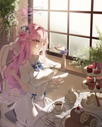1girl absurdres blue_archive blue_bow blush bow capelet dress feathered_wings flower hair_bun hair_flower hair_ornament highres holding holding_spoon kkaru looking_at_viewer mika_(blue_archive) open_mouth pink_hair purple_flower purple_scrunchie scrunchie single_side_bun spoon white_capelet white_dress white_scrunchie wings wrist_scrunchie yellow_eyes
